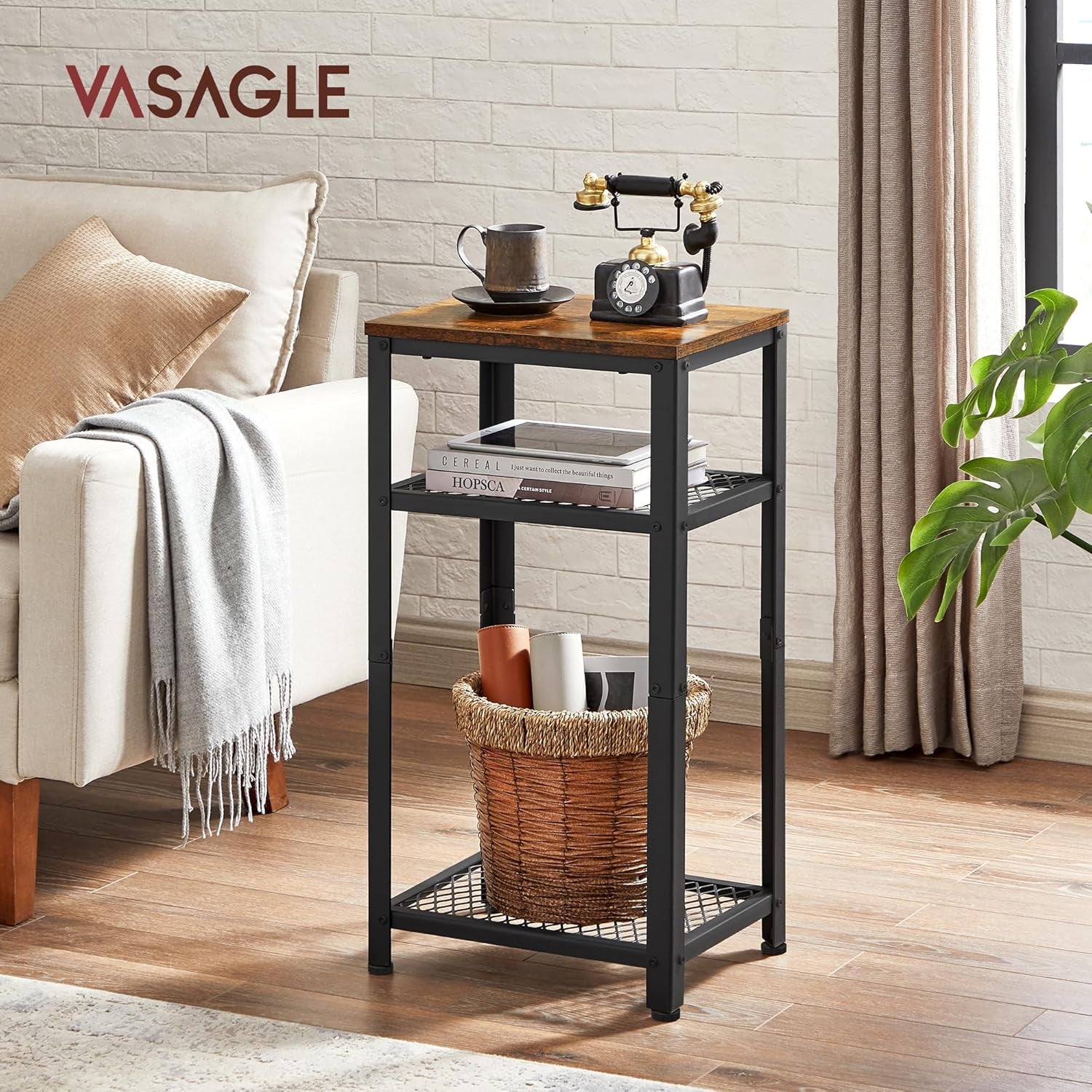 3-Tier Tall Side Table, Small Telephone End Table Stand with 2 Mesh Storage Shelves for Office, Bedroom, Living Room, Kitchen Cart, Rustic Brown and Black