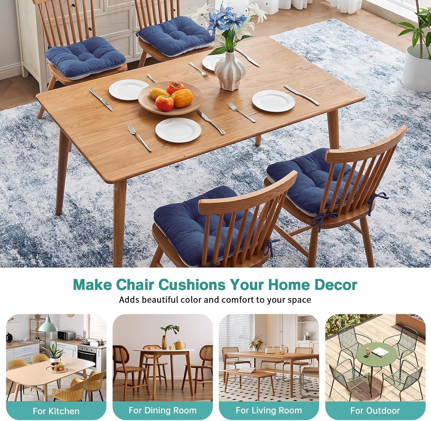 Chair Cushions for Dining Chairs Set of 4,3.5" Thick Kitchen Table Chair Pads with Ties,Non Slip Backing and Covers, Seat Cushion for Dining Room,Bar,Patio Chairs,16"X16"X3.5",Navy Blue