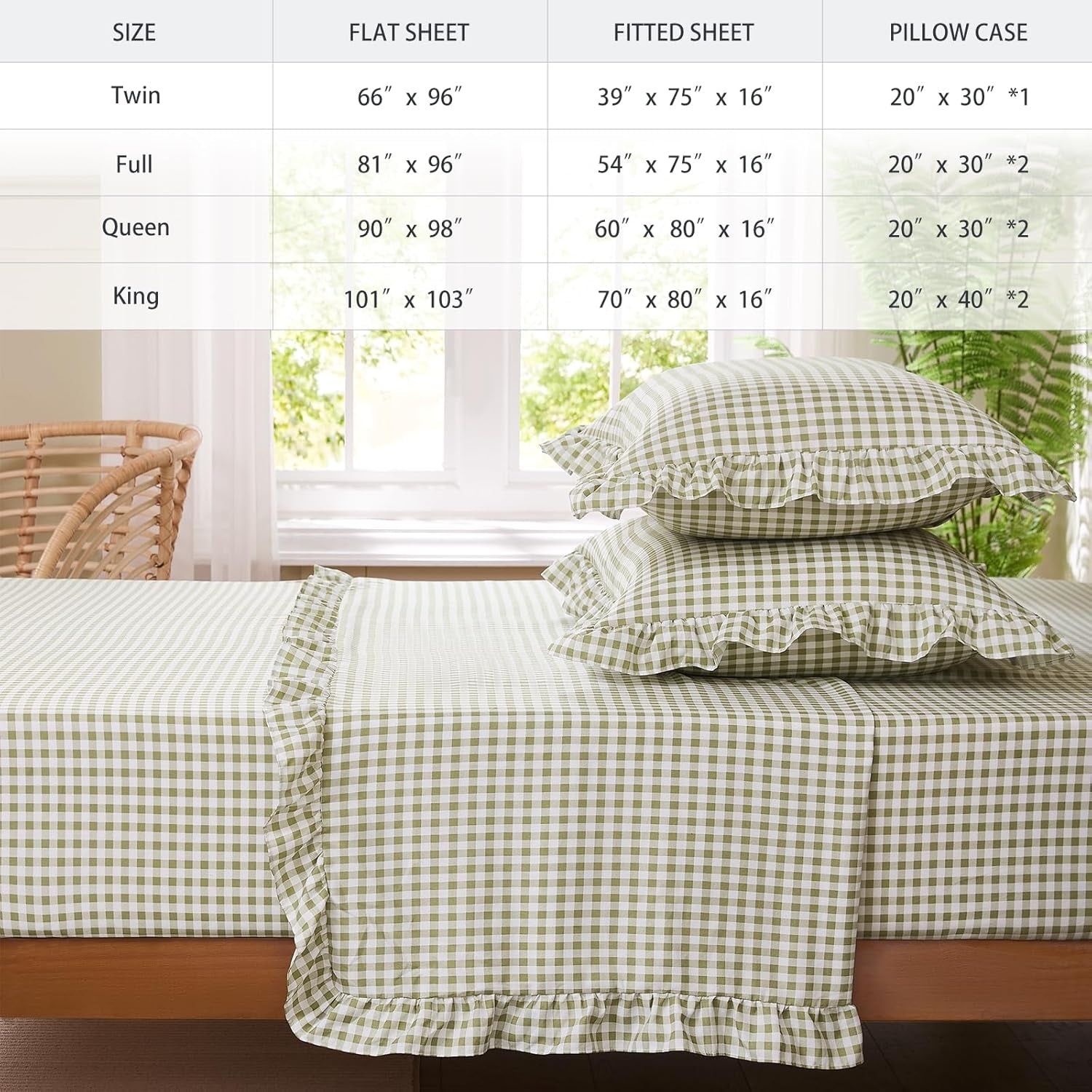 Gingham Queen Sheet Set, Lightweight Super Soft Brushed Microfiber Plaid Bed Sheets with 16" Deep Pocket, 4 Piece Ruffle Farmhouse Bedroom Decor, Sage Green