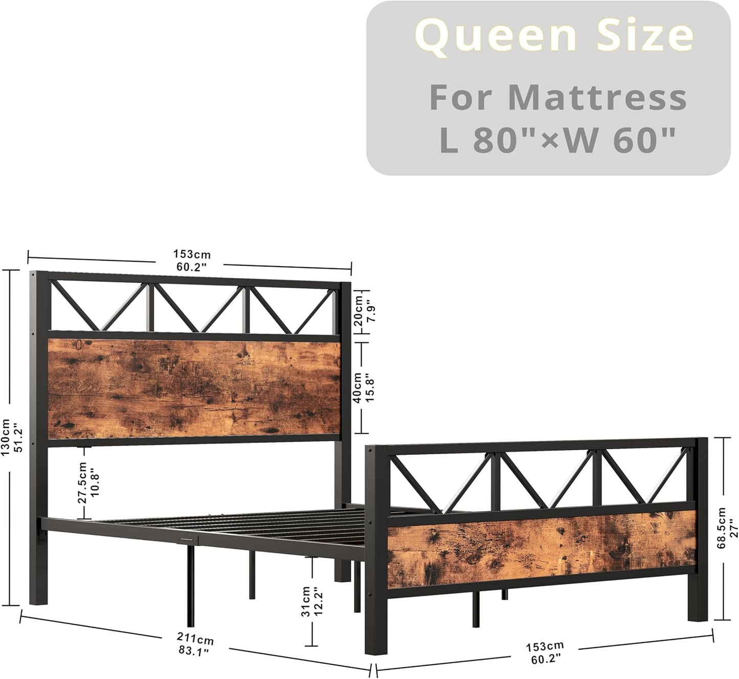 Queen Bed Frame, Tall Industrial Headboard 51.2 ", Platform Bed Frame with Strong Metal Support, Solid and Stable, Noise Free, No Box Spring Needed, Easy Assembly, Vintage Brown