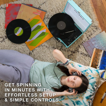 Journey Bluetooth Portable Suitcase Record Player – with Built-In Speakers, 3 Speed Vinyl Record Player, RCA Out, Headphone Jack (Gray)