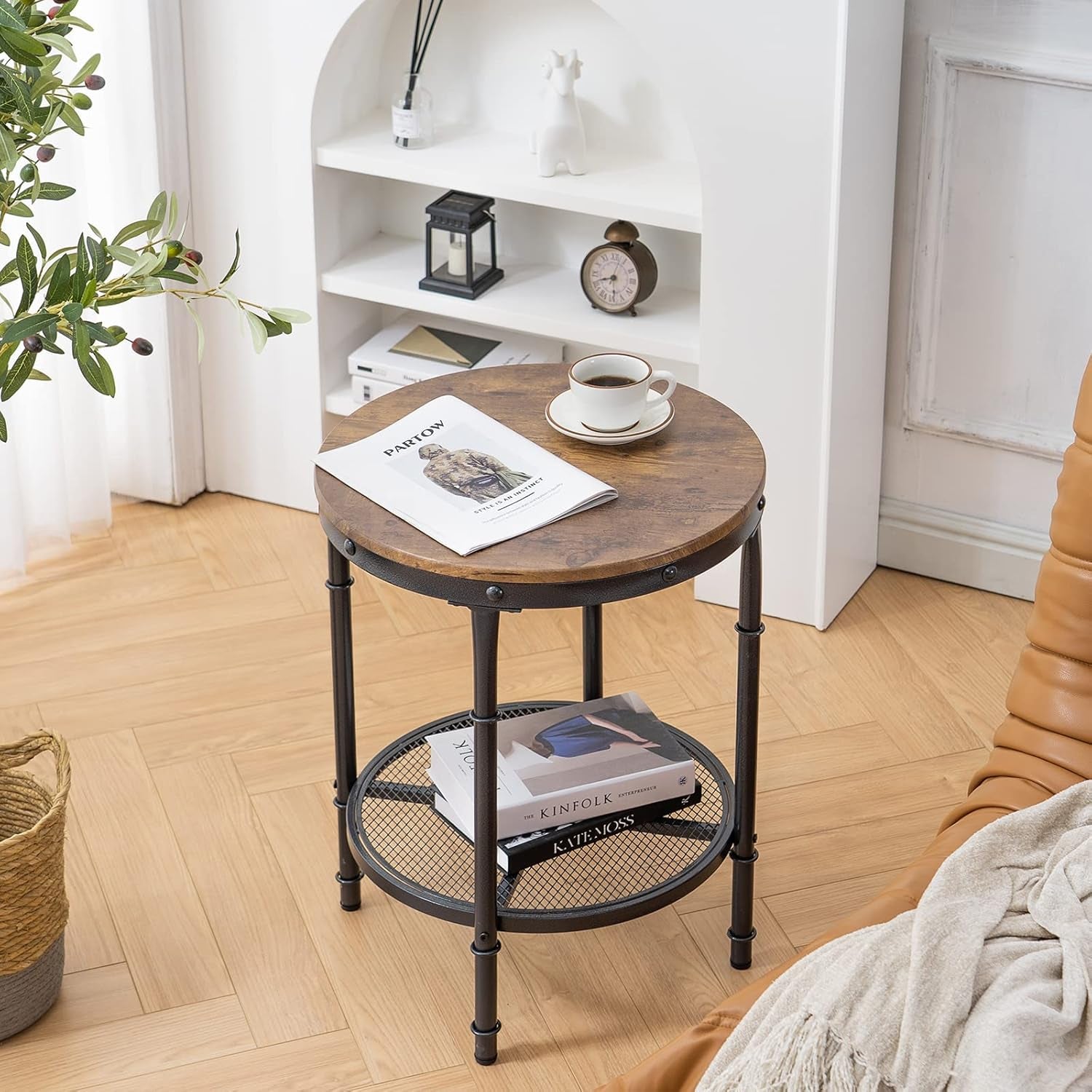 20" Side Table, round End Tables Living Room, Industrial Small End Table with Metal Mesh, Rustic Farmhouse Side Tables for Bedroom, Office, Corner, Walnut