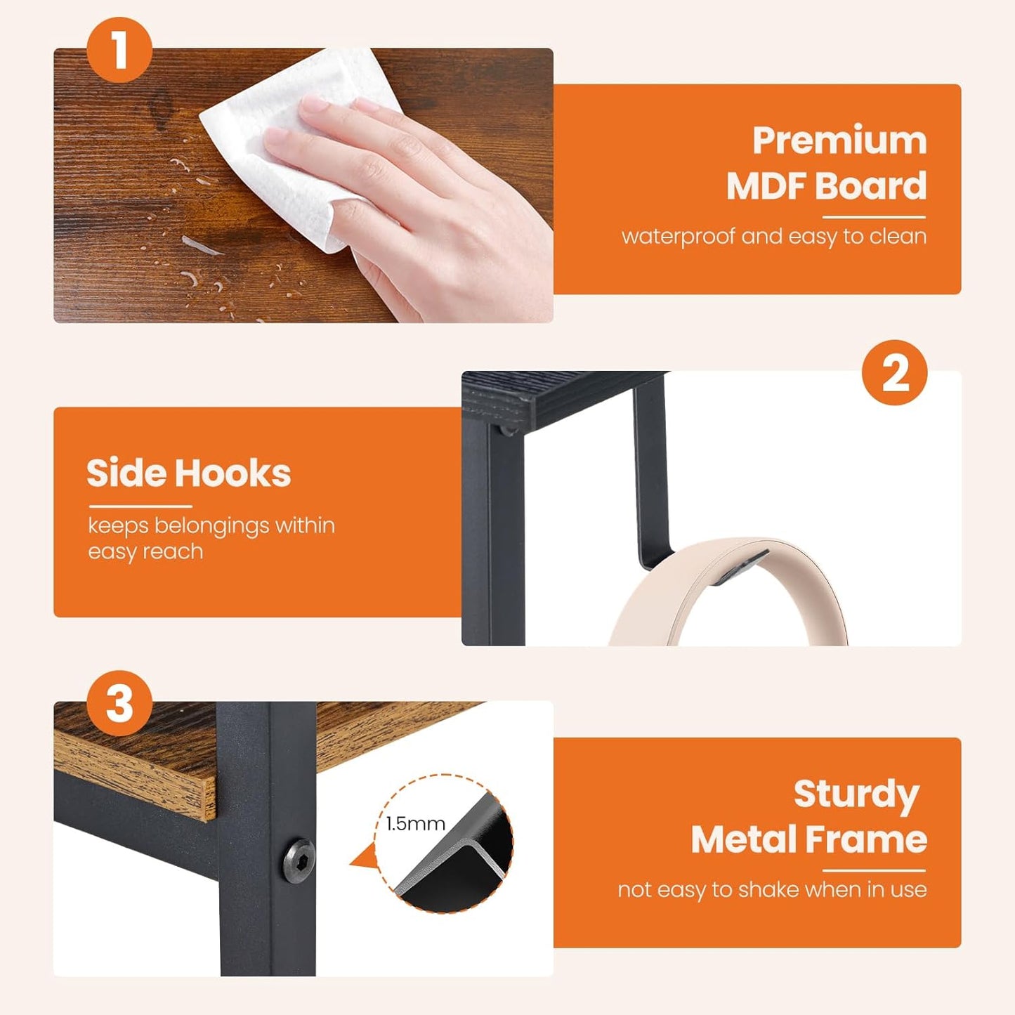 40 Inch Computer Desk with Drawers for Home Office, Writing Desk with X-Shaped Reinforcement, Wood Table with Adjustable Position Drawers, Modern Study Work Table with Side Hook, Rust