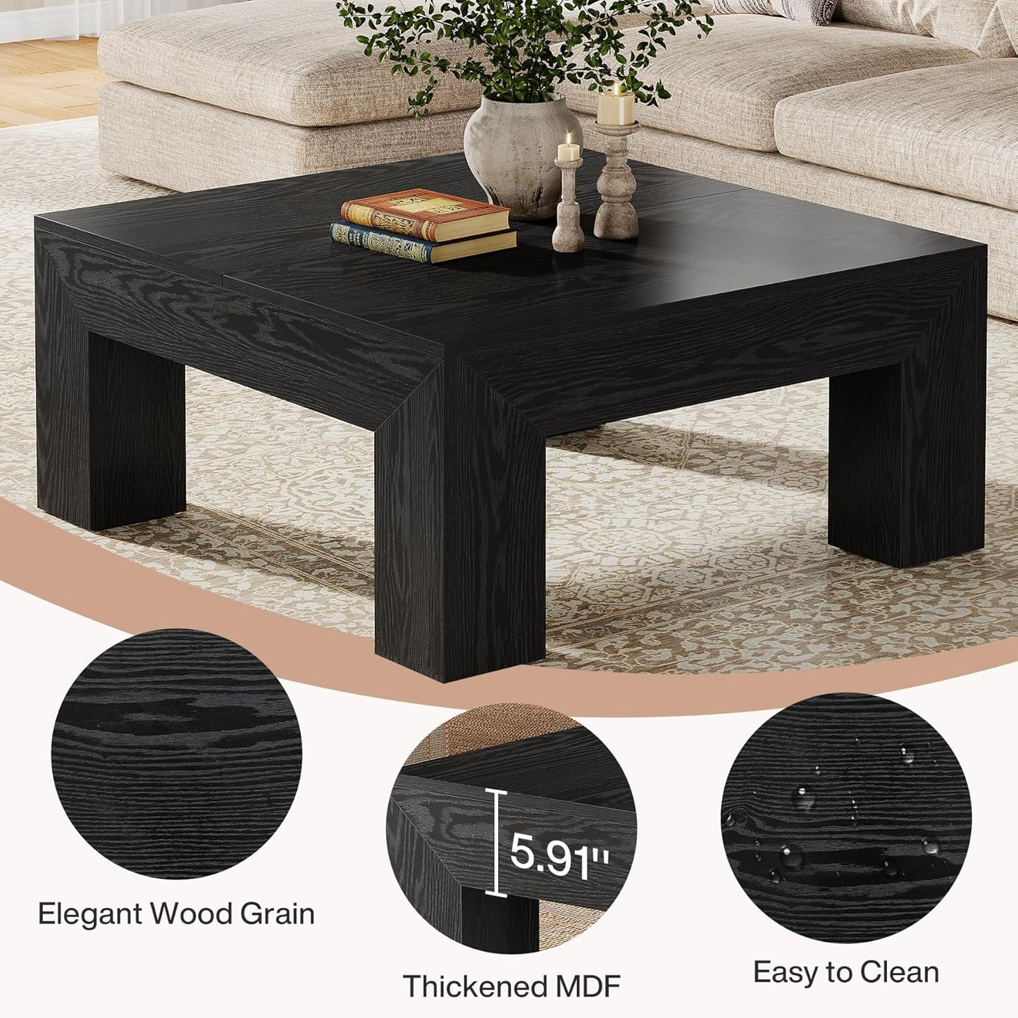 39.4-Inch Square Coffee Table for Living Room, Farmhouse All MDF Accent Center Cocktail Table with Sturdy Wooden Legs, Easy Assembly, Black