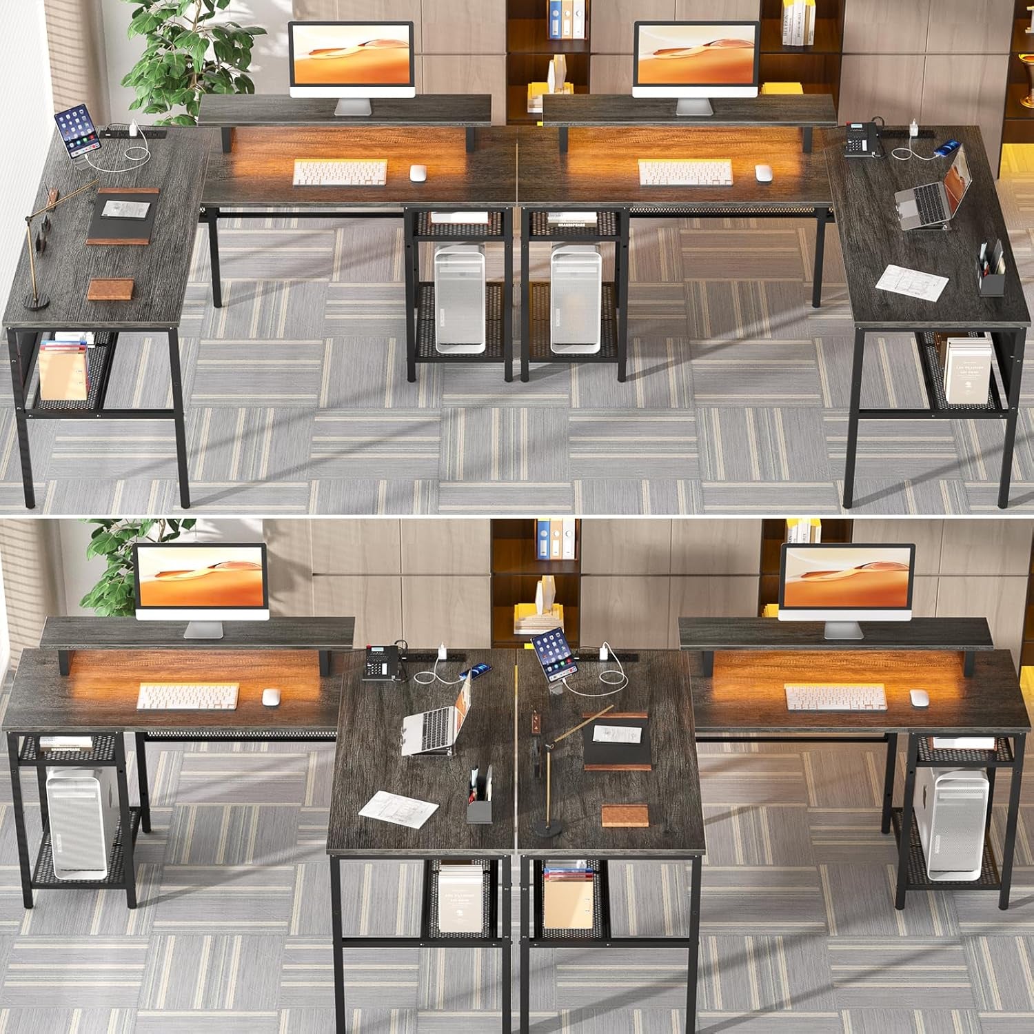 L Shaped Computer Desk with Magic Power Outlets and Smart LED Light, Reversible 55 Inch Corner Office Desk with Monitor Stand, Unique Grid Design, Gaming Table with Storage, Black Oak
