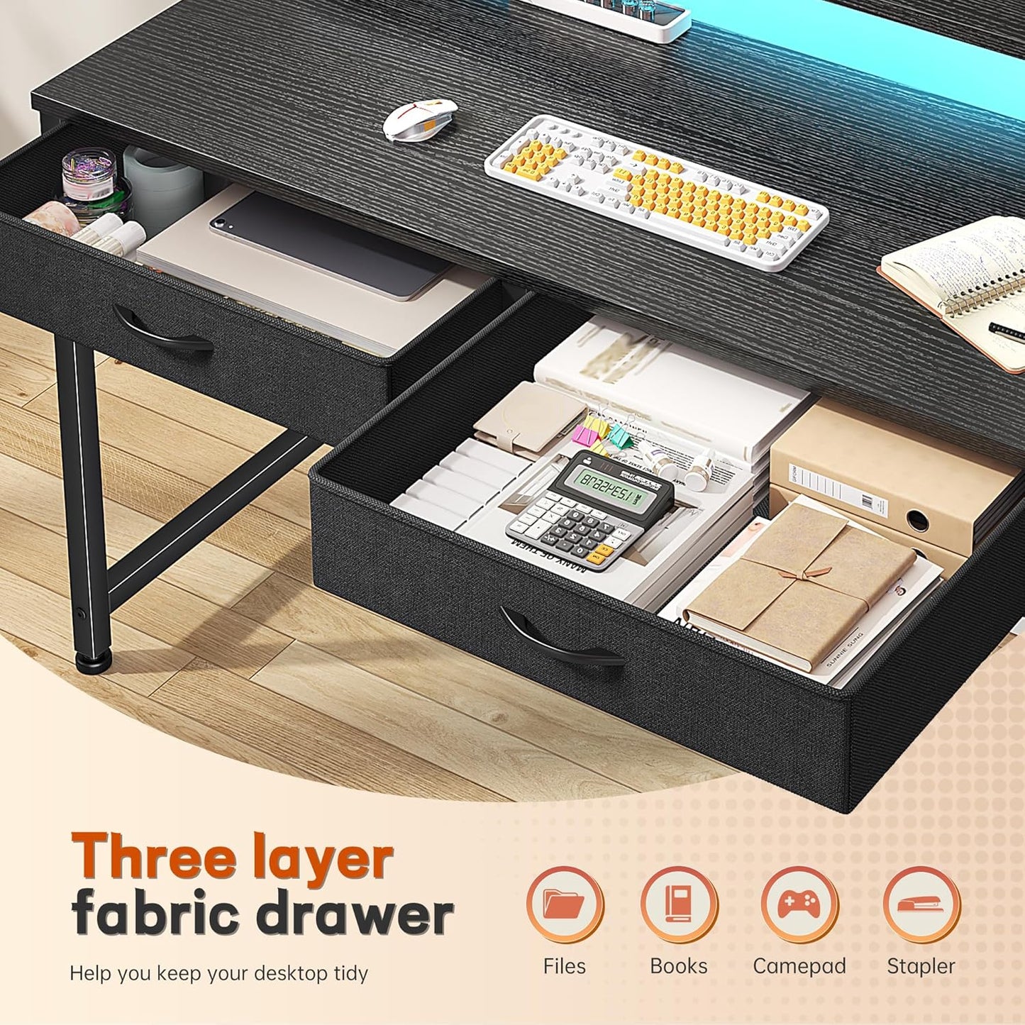 Gaming Desk with LED Lights & 2 Fabric Drawers, 39.4Inch Home Office Computer Desk with Side Pocket & Ergonomic Monitor Stand, Small Space Study Writing Table with Anti-Tip Design,Black