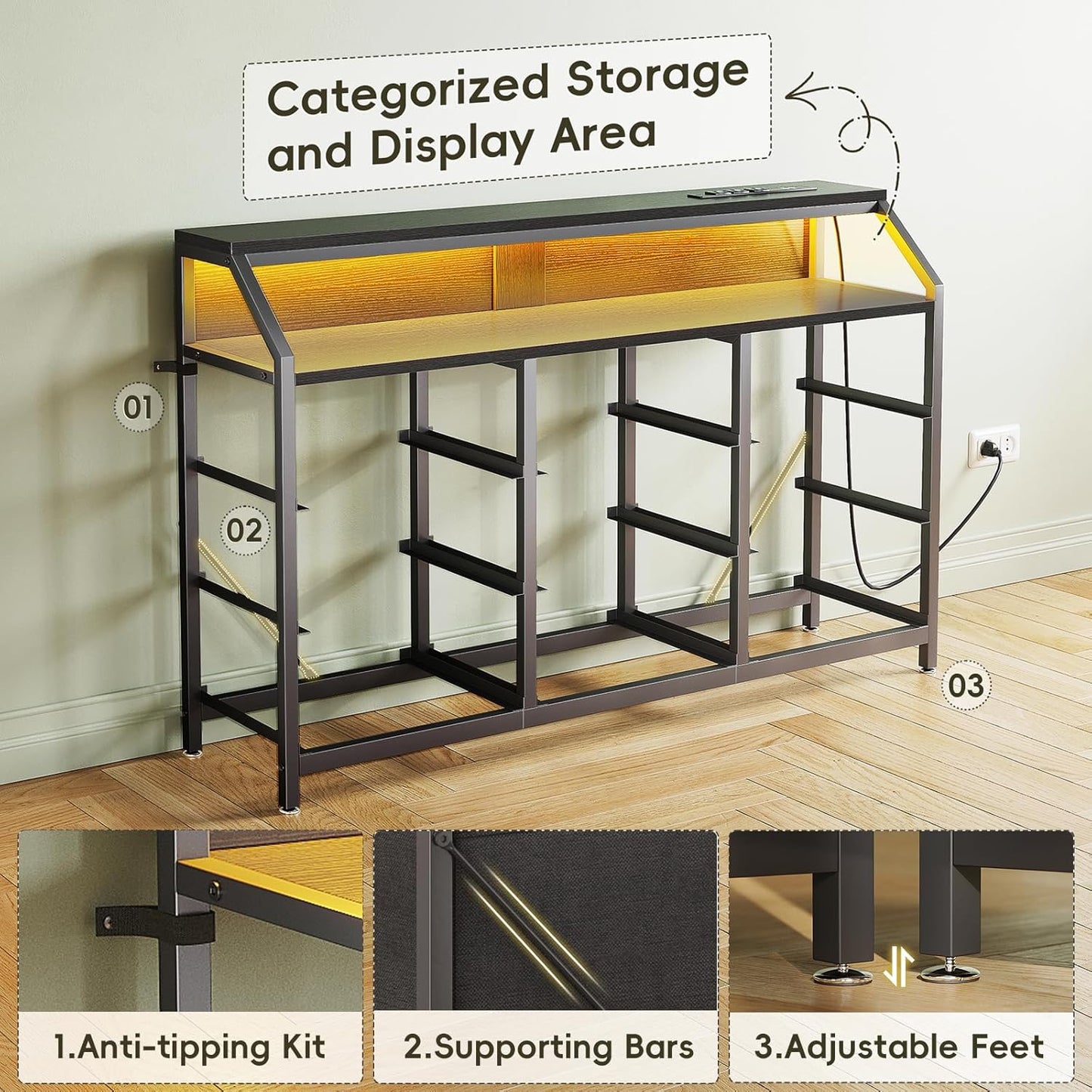 55" Wide 9-Drawer Dresser for Bedroom with LED Lights and Charging Station, Fabric Dressers & Storage Chest of Drawers with Shelves for Closet, Black