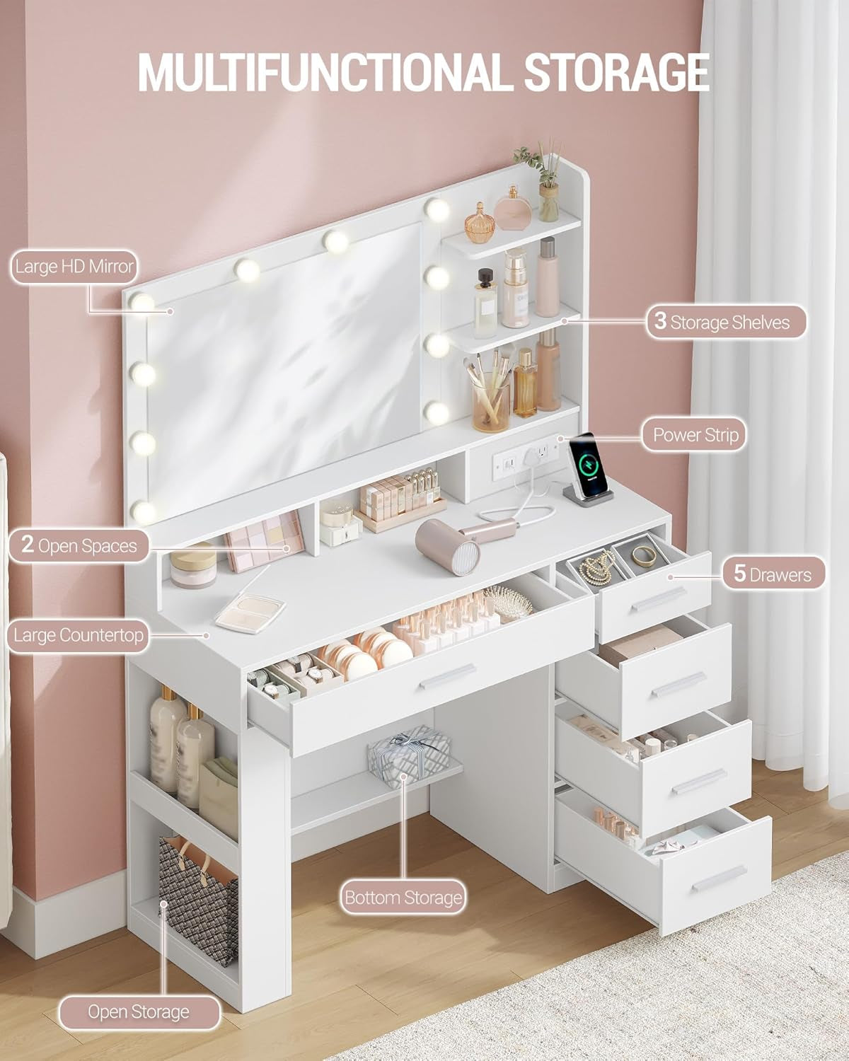 Vanity Desk with Large HD Mirror, Makeup Vanity with Led Lights, Dressing Table with Power Strip, 6 Storage Shelves, 5 Drawers and Side Open Storage, Simple, White WX426HDT
