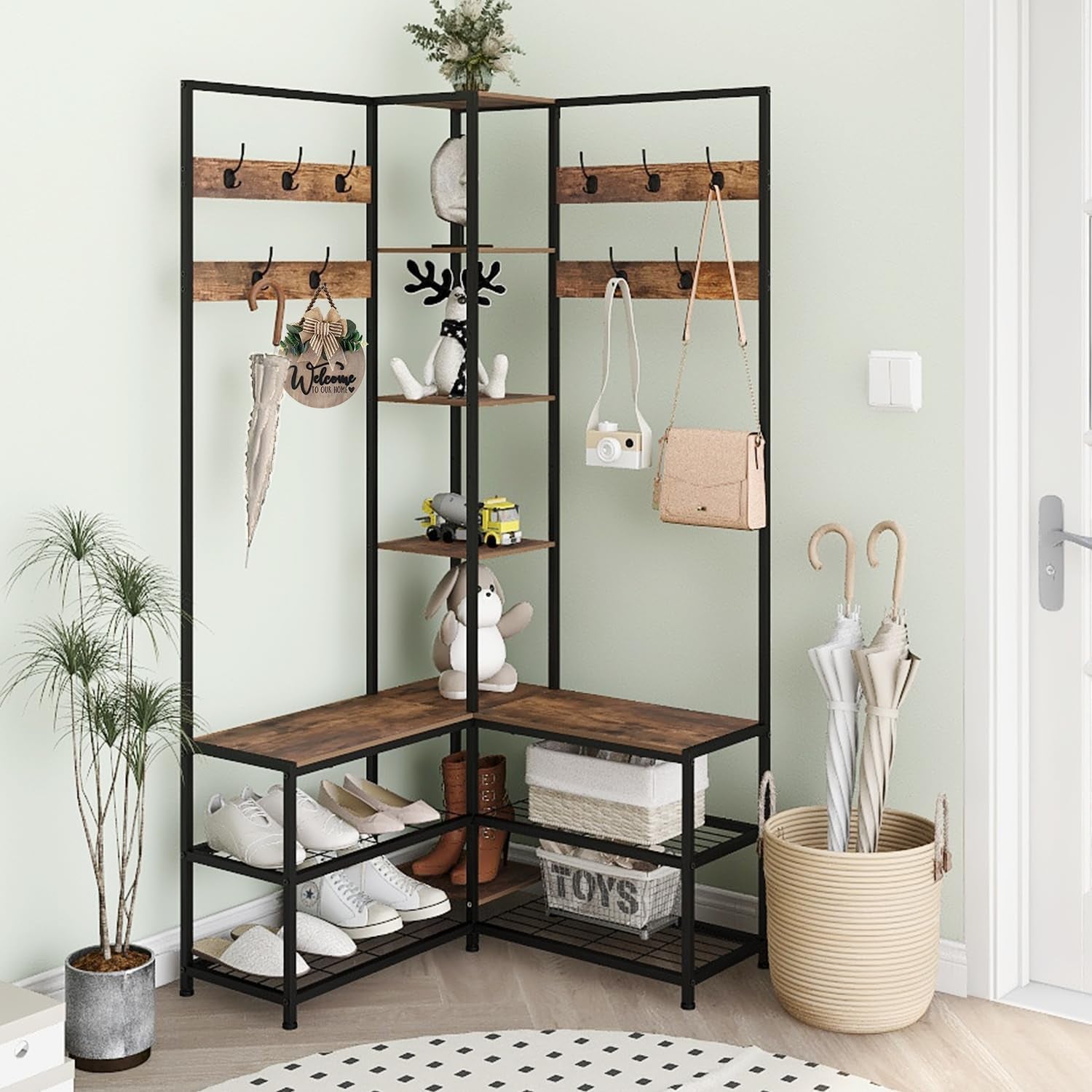 Corner Hall Tree with Shoe Rack Storage Bench Display Open Shelves Modern Industrial Entryway Coat Rack Stand for Home Living Room Mudroom Bedroom Multifunctional 5 in 1 (Rustic Brown)