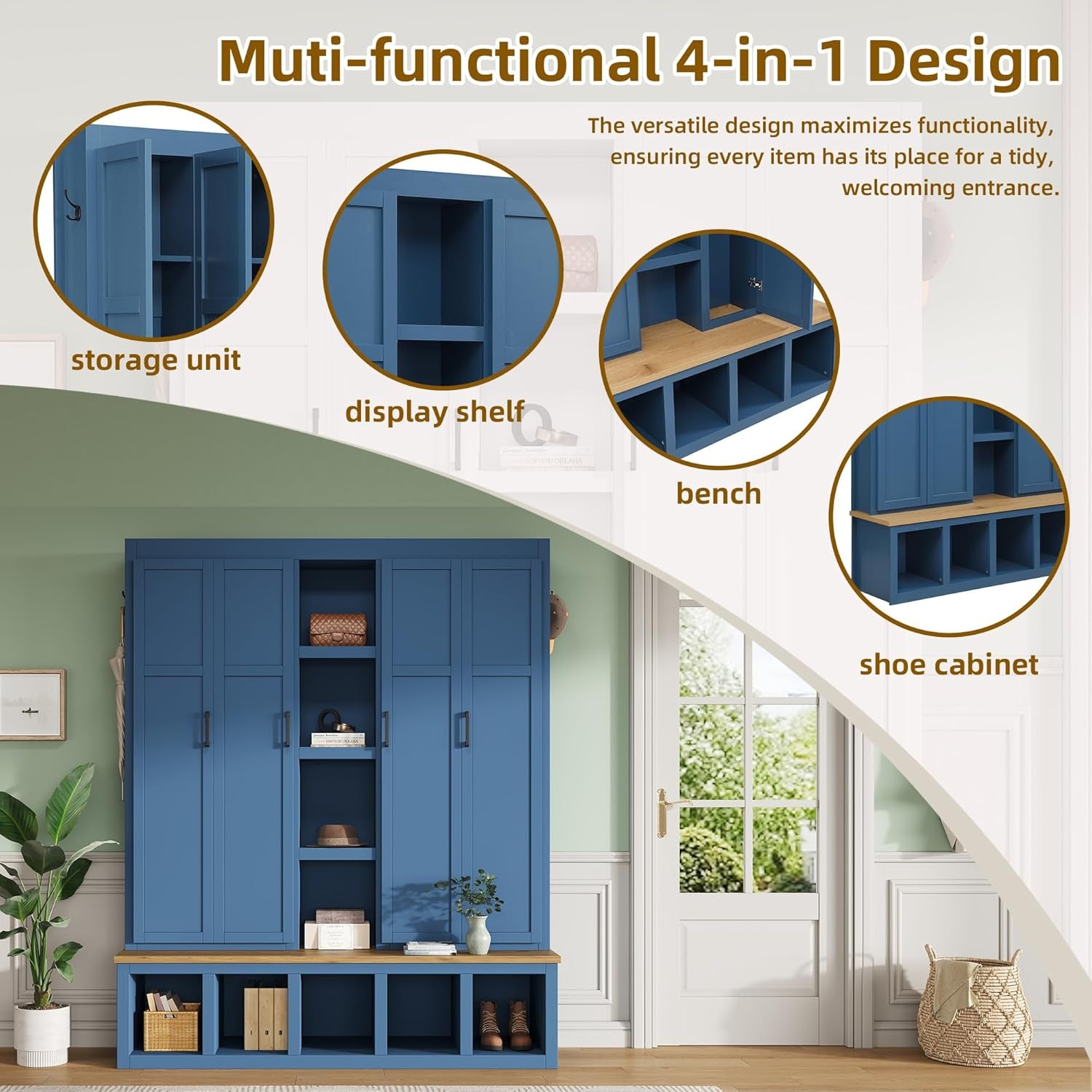 Modern Farmhouse Hall Tree with Bench, 4-In-1 Entryway Storage Cabinet & Shoe Organizer with Hooks, Blue