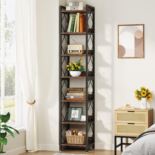 78.7 Inch Extra Tall Narrow Bookshelf, 7 Tier Skinny Bookcase for Small Spaces, Freestanding Display Shelves, Multifunctional Corner Storage Organizer for Home Office, Rustic Brown