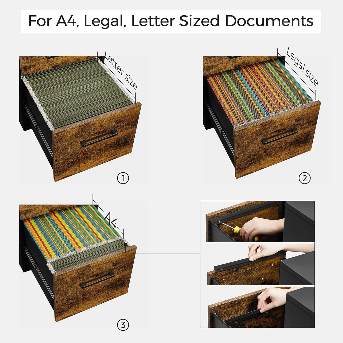 File Cabinet, Pre-Assembled except Wheels and Handles, Office Filing Cabinet with Lock, for A4, Legal, Letter Sized Documents, 17.7 X 14.4 X 23.6 Inches, Rustic Brown and Black UOFC110B01V1