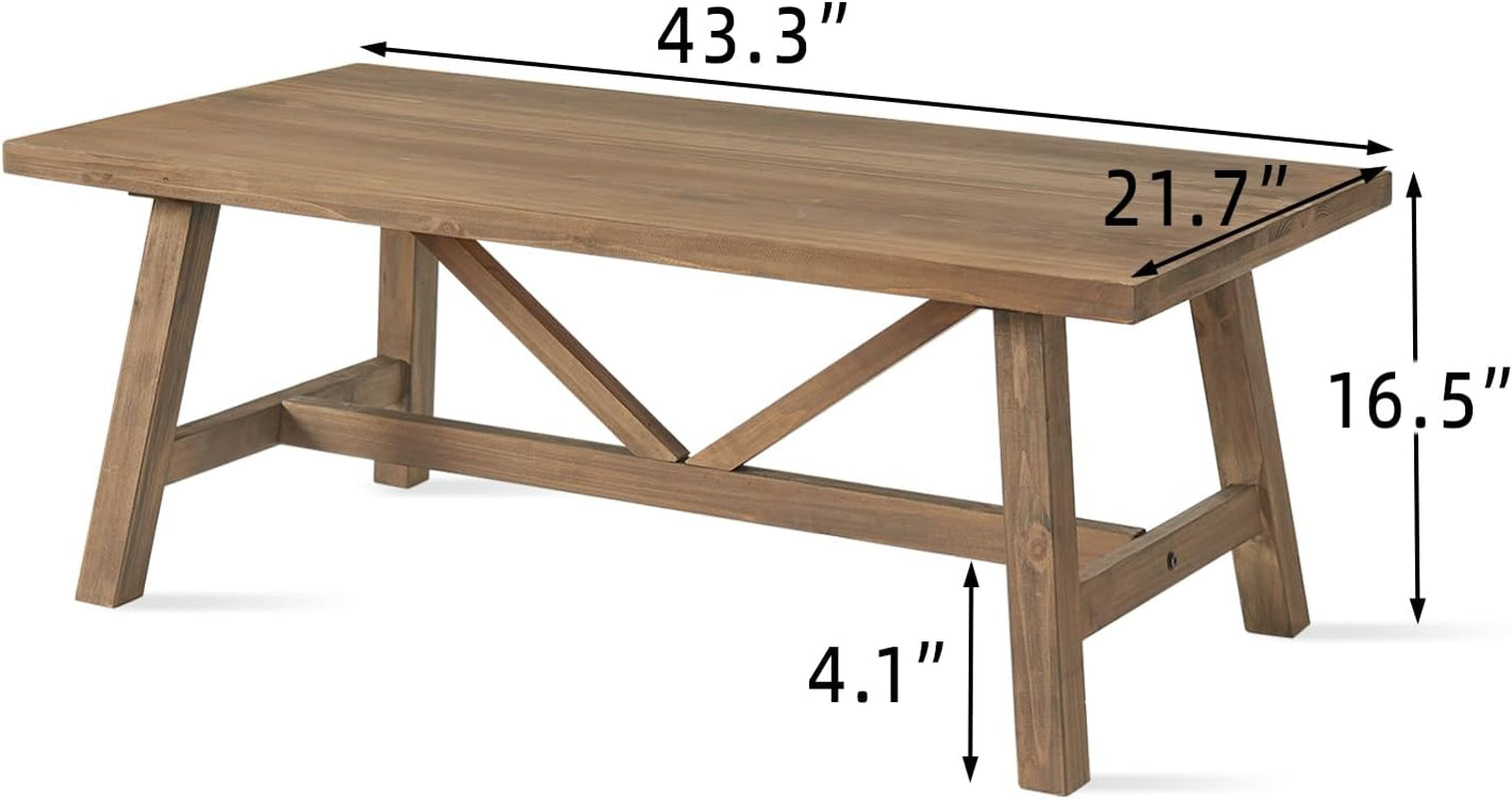 Farmhouse 43" Coffee Table,Solid Wood Center Tables for Living Room and Office, Rustic Wooden Rectangular Table with V-Shaped Support, Natural