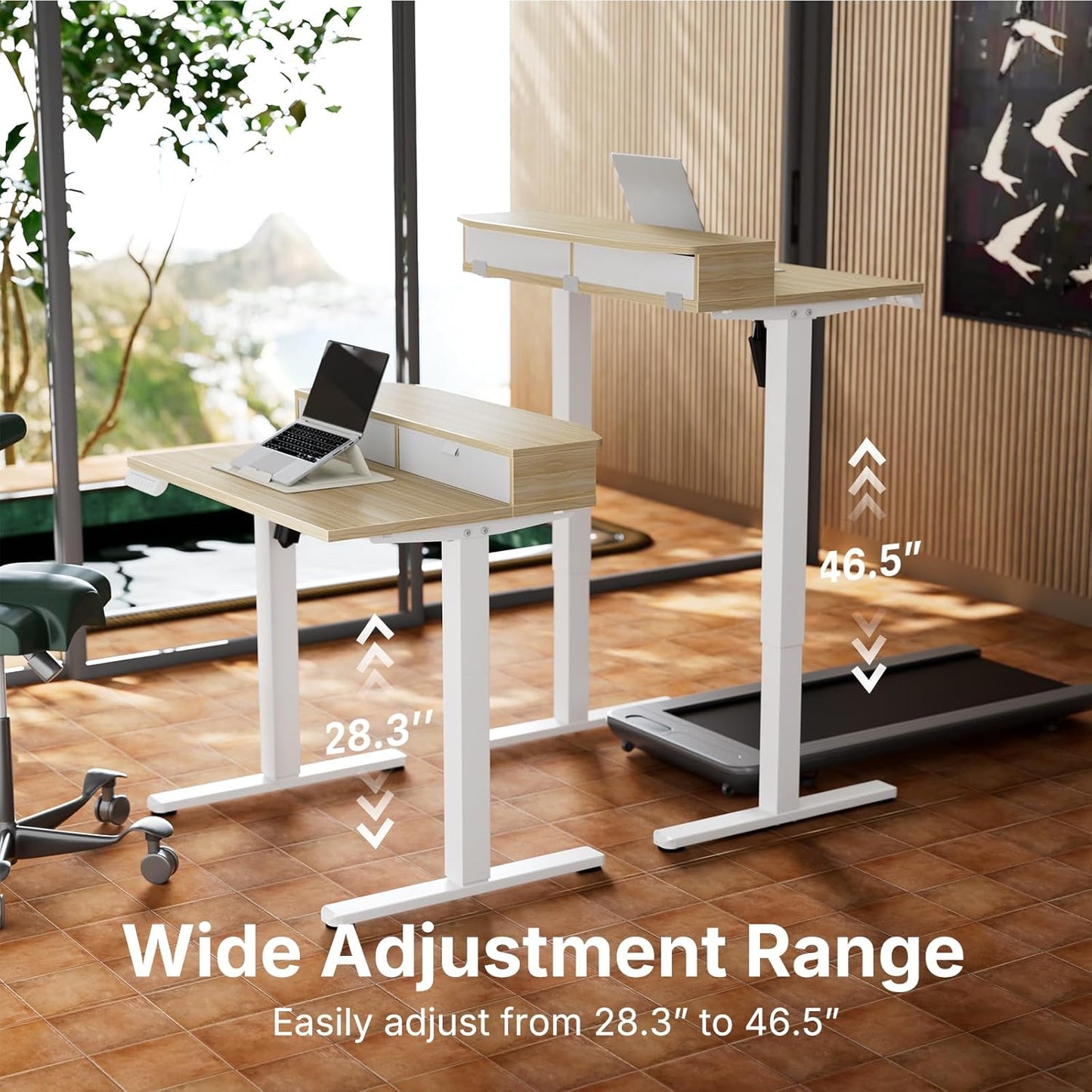 32 X 21 Inch Small Electric Standing Desk with 2 Drawers, C-Clamp Mount Compatible, Height Adjustable Sit Stand Desk, Home Office Stand up Desk with 4 Memory Height Settings, Light Walnut