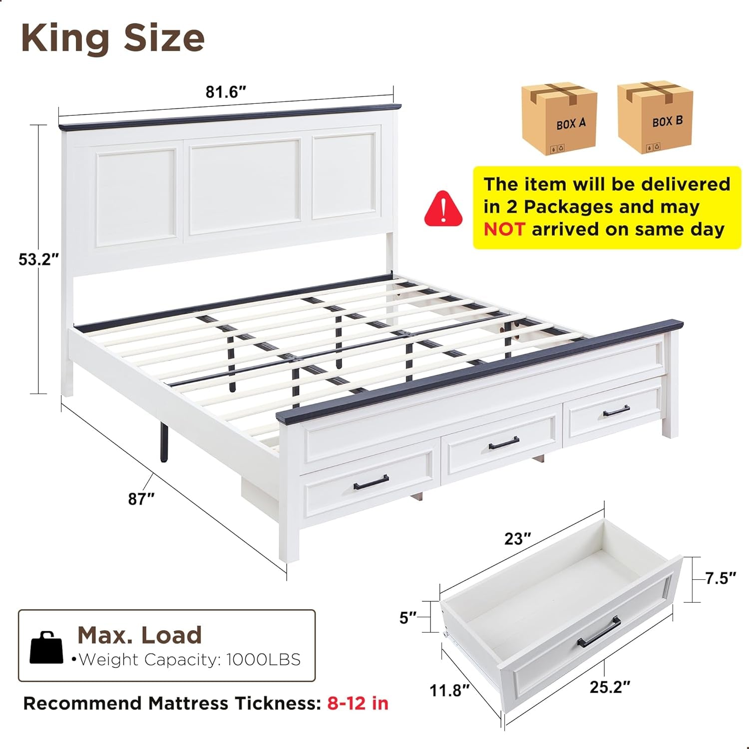 Farmhouse King Size Bed Frame with 52" Tall Headboard, Wood Platform Bedframe with Footboard and Storage Drawers, No Squeak, No Box Spring Needed, Antique White