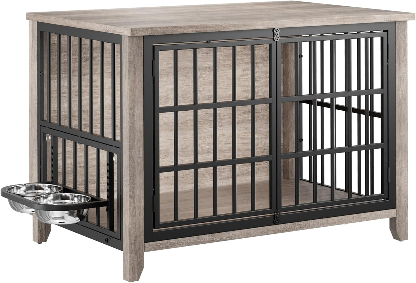 37.8" Dog Crate Furniture, Large Wooden Dog Kennel Indoor with 360°& Adjustable Raised Dog Bowls, Double Doors Furniture Decorative Side End Table Dog Cage for Medium Dogs, Grey