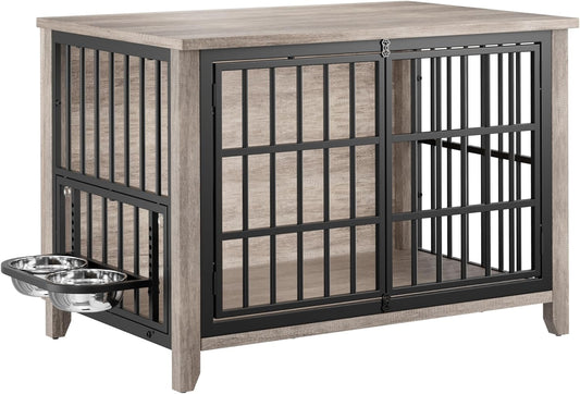 37.8" Dog Crate Furniture, Large Wooden Dog Kennel Indoor with 360°& Adjustable Raised Dog Bowls, Double Doors Furniture Decorative Side End Table Dog Cage for Medium Dogs, Grey