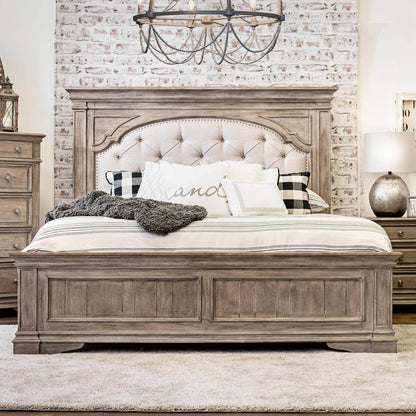 Company Highland Park 83.5" X 90" Farmhouse Wood & Fabric Upholstered Panel King Bed with Button Tufted Headboard, Low Vertical Planked Inset Footboard, in Driftwood Gray Finish