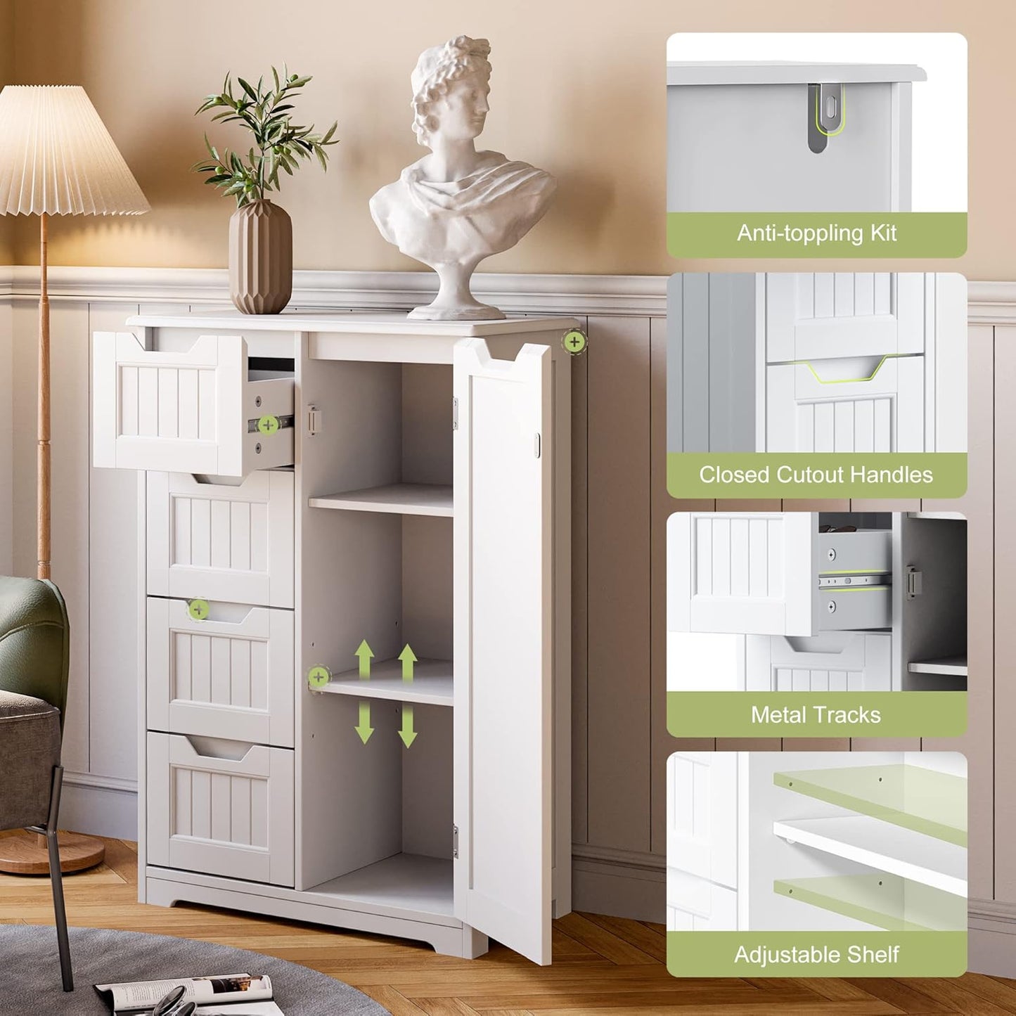 Small Pantry with Door and Shelves, 33'' Kitchen Pantry Storage Cabinet Freestanding Wooden Bathroom Storage Cabinet with 4 Drawers for Kitchen and Dining Room, White