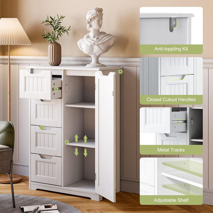 Small Pantry with Door and Shelves, 33'' Kitchen Pantry Storage Cabinet Freestanding Wooden Bathroom Storage Cabinet with 4 Drawers for Kitchen and Dining Room, White