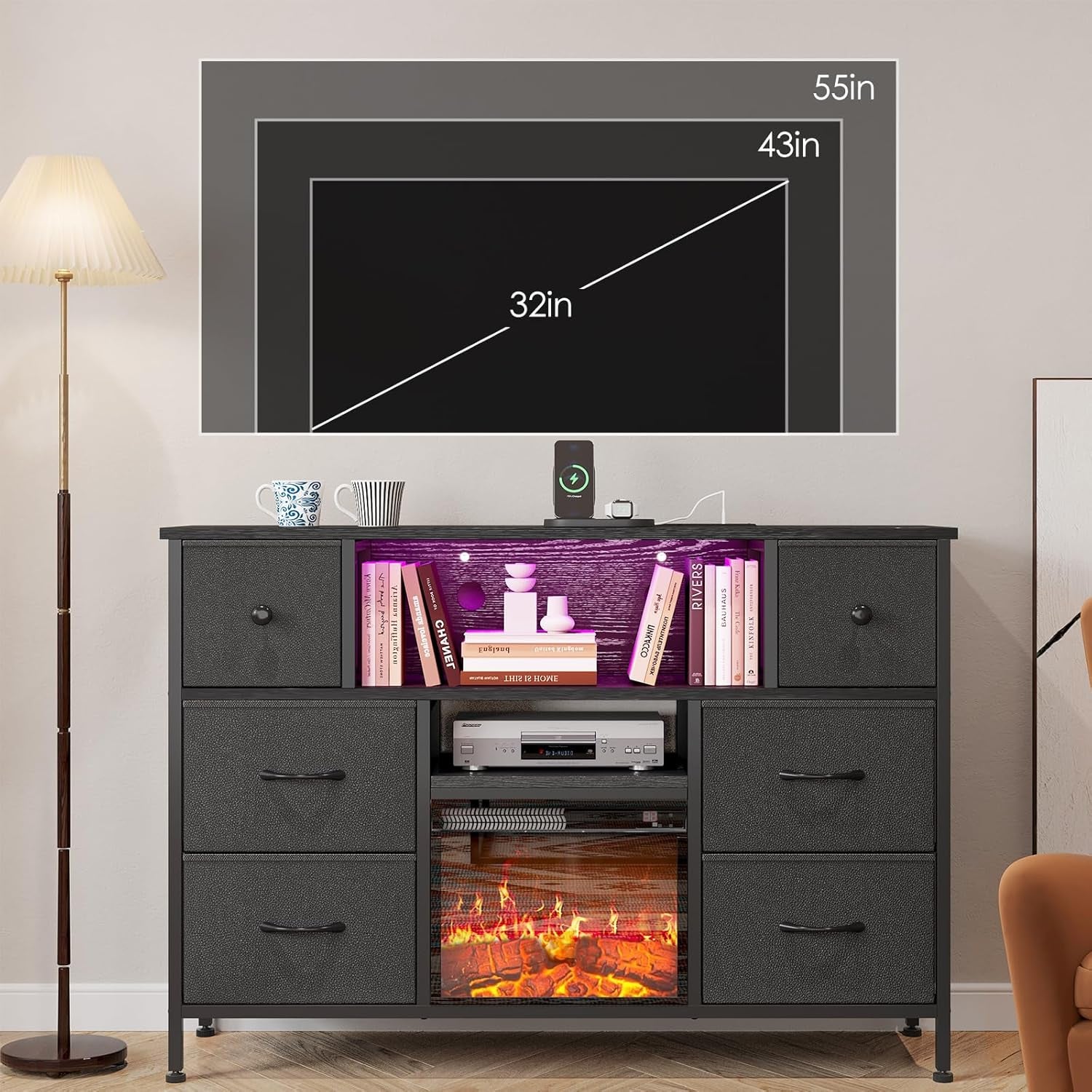 TV Stand with Fireplace, Entertainment Center with Power Outlets and LED Lights, TV Stand Dresser for 50 Inch TV, 6 Drawers with Open Shelves, for Living Room, Black