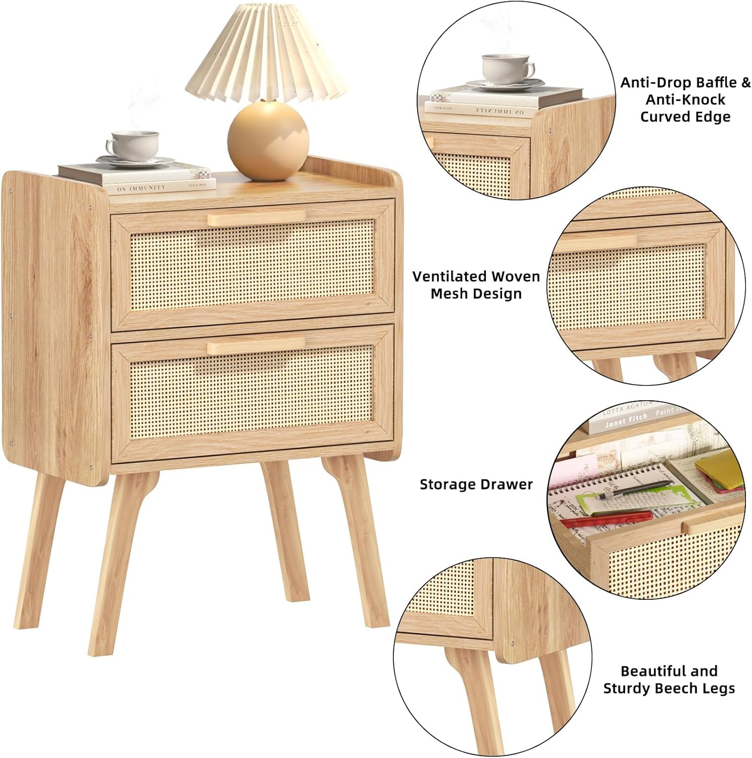Rattan Nightstands Set of 2, Boho Night Stand with 2 Drawers, Cane Accent Side End Table, Bedside Table with Solid Wood Legs for Bedroom, Dorm and Small Spaces (Natural)