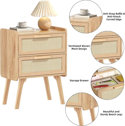 Rattan Nightstands Set of 2, Boho Night Stand with 2 Drawers, Cane Accent Side End Table, Bedside Table with Solid Wood Legs for Bedroom, Dorm and Small Spaces (Natural)