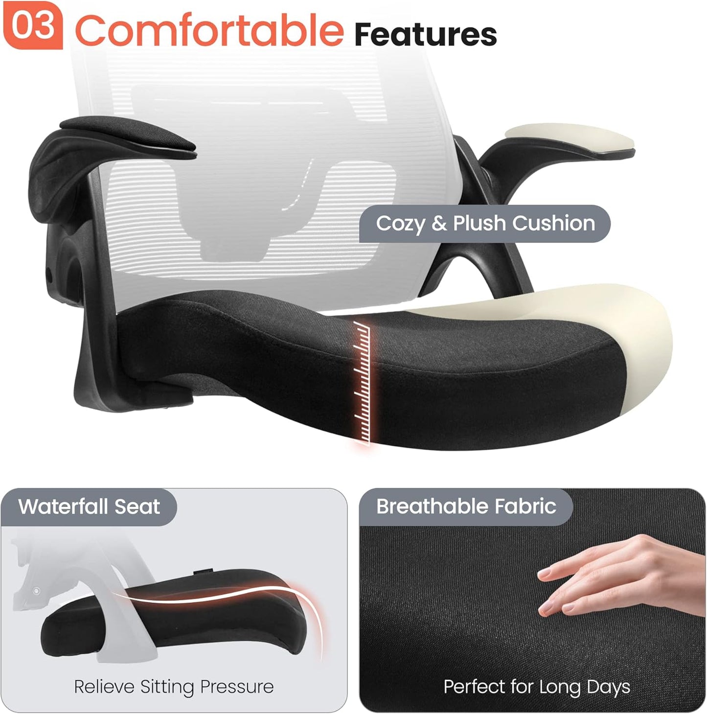 Office Desk Chair Computer High Back Mesh Gaming Seat with Ergonomic Adjustable Comfy Flip-Up Armrests Lumbar Support Height for Home (Black)