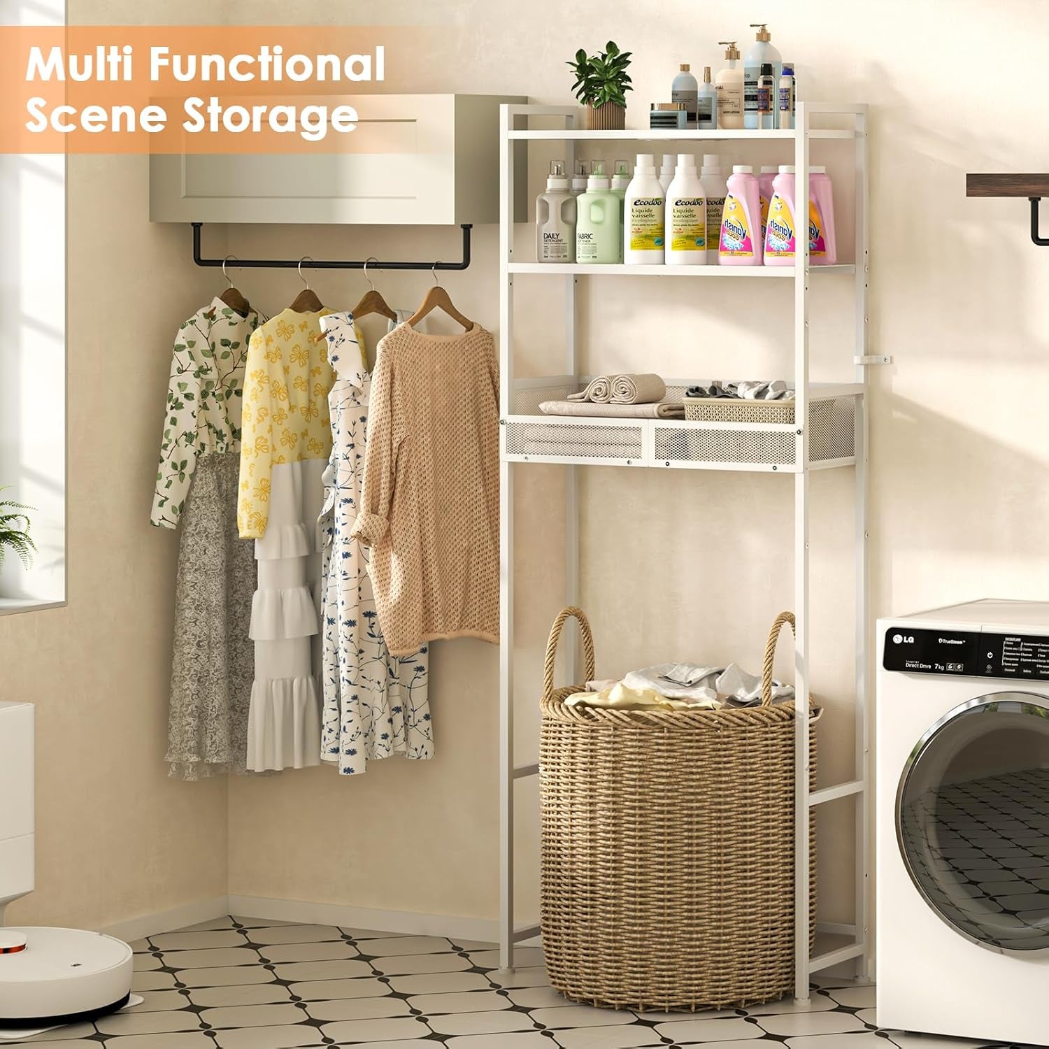 3-Tier over the Toilet Storage Shelf, Metal over Toilet Bathroom Organizer with Dividers, Freestanding Bathroom Space Saver Rack with Adjustable Shelf & Feet, White