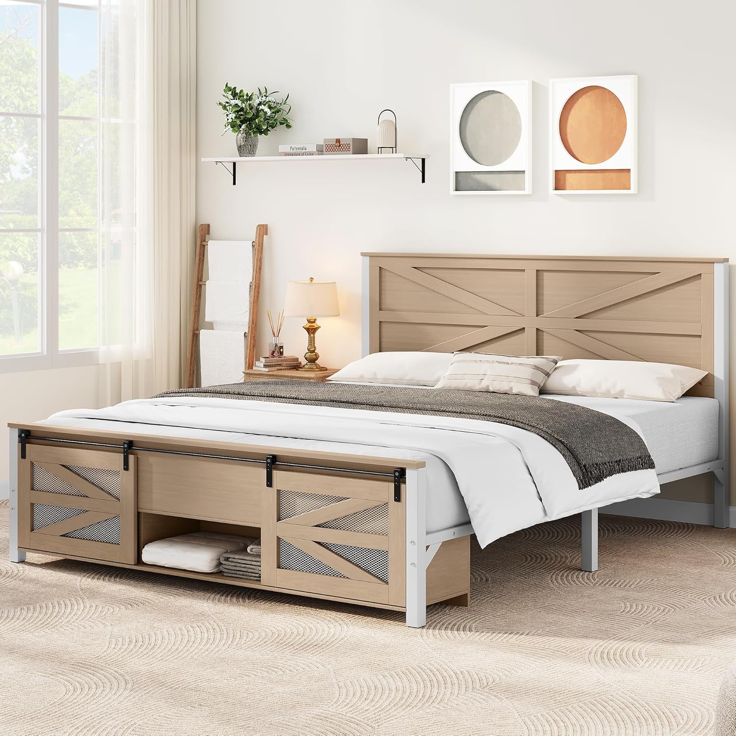 Queen Size Farmhouse Bed Frame with Sliding Barn Door Storage Cabinets, Platform Bed Frame with 47.2" Headboard, Solid Metal Slats Support, Noiseless, No Box Spring Needed, Oak