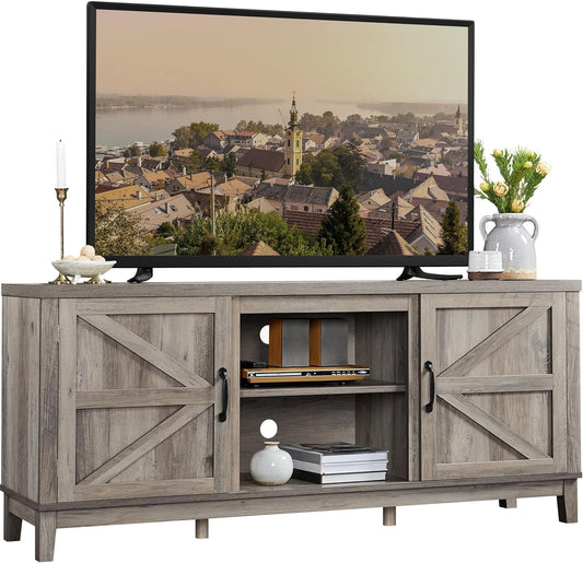 TV Stand for 65 Inch TV, Farmhouse TV Console Table for Living Room, Tall Entertainment Center with Double Barn Doors for Bedroom, Gray