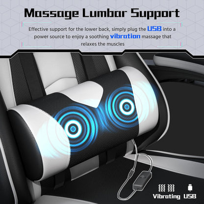Gaming Chair, Video Game Chair with Massage Lumbar Support and Footrest Height Adjustable Ergonomic Computer Gaming Chair with Swivel Seat and Headrest, Black/White