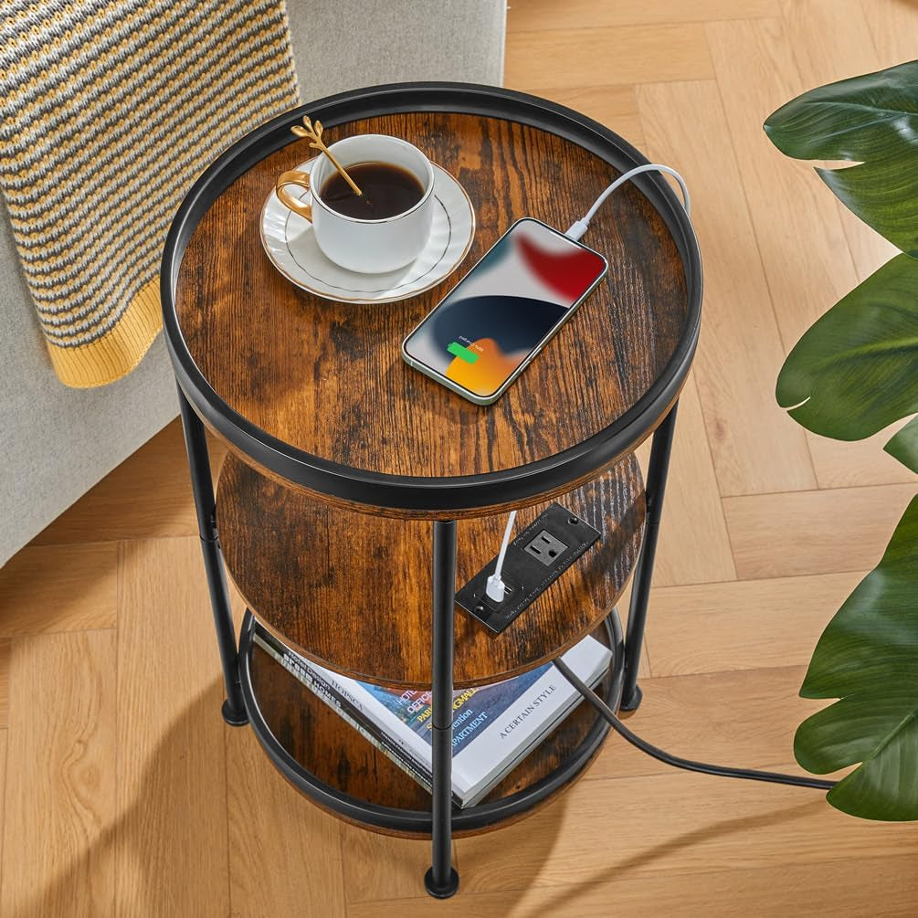 round Side Table with Charging Station, End Table with 3 Shelves for Living Room, Bedroom Nightstand for Small Spaces, Industrial round Sofa Table with Steel Frame (Usb+Rustic Brown)