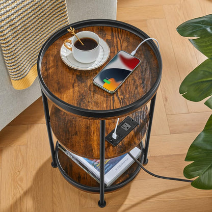 round Side Table with Charging Station, End Table with 3 Shelves for Living Room, Bedroom Nightstand for Small Spaces, Industrial round Sofa Table with Steel Frame (Usb+Rustic Brown)