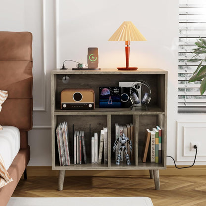 Record Player Stand with Open Vinyl Storage, Mid-Century Album Storage Table with LED Light up to 300 Albums, Vinyl Record Player Shelf with Power Outlet for Living Room, Grey Oak