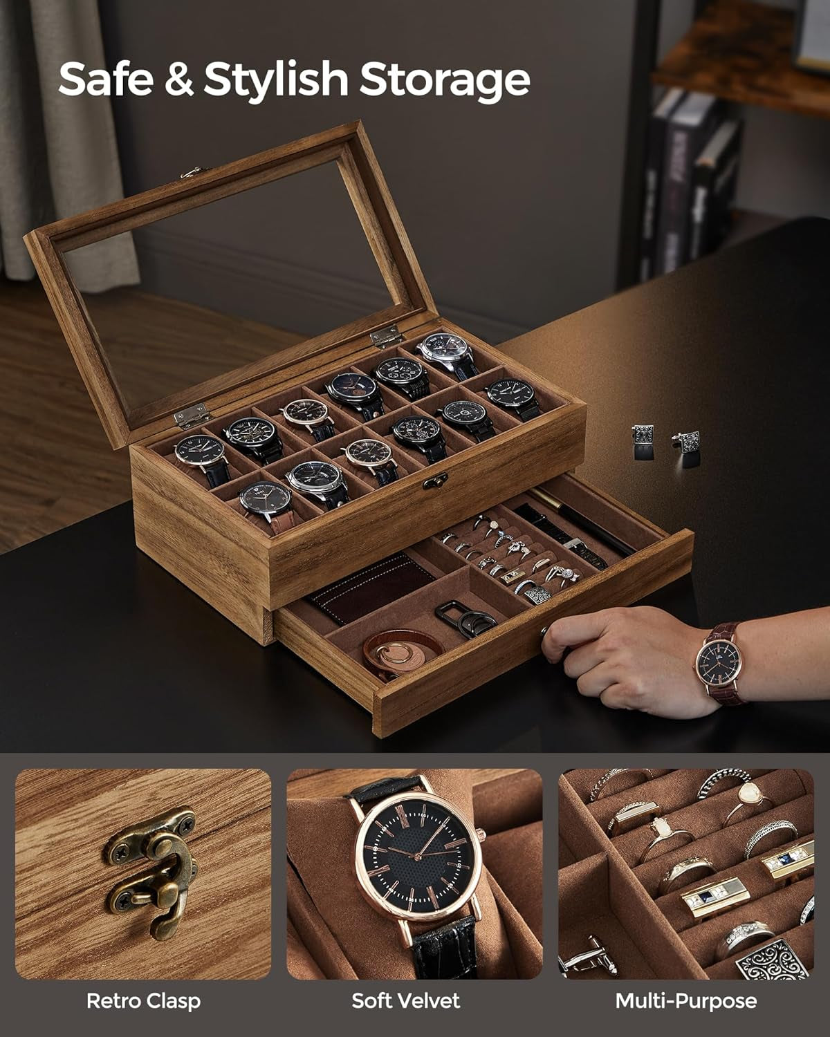Watch Boxes Bundle, 12-Slot Watch Case, 2-Tier Watch Display Case, with Large Glass Lid, Solid Wood Watch Box Organizers, Gift for Loved Ones, Rustic Walnut UJOW120K01 and UJOW012K01