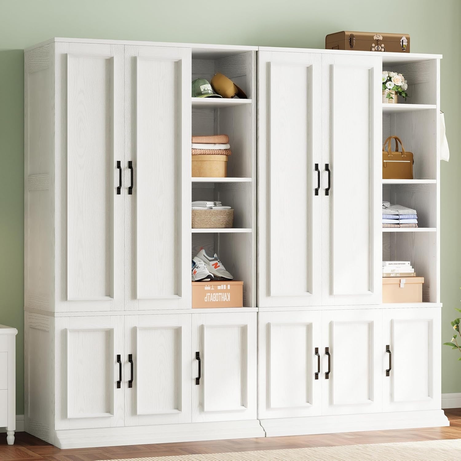 Armoire Wardrobe Closet 70" H, 5 Doors Bedroom Wooden Wardrobe with 4 Storage Shelves and Hanging Rod, Clothing Storage Cabinet Organizer Combination, White