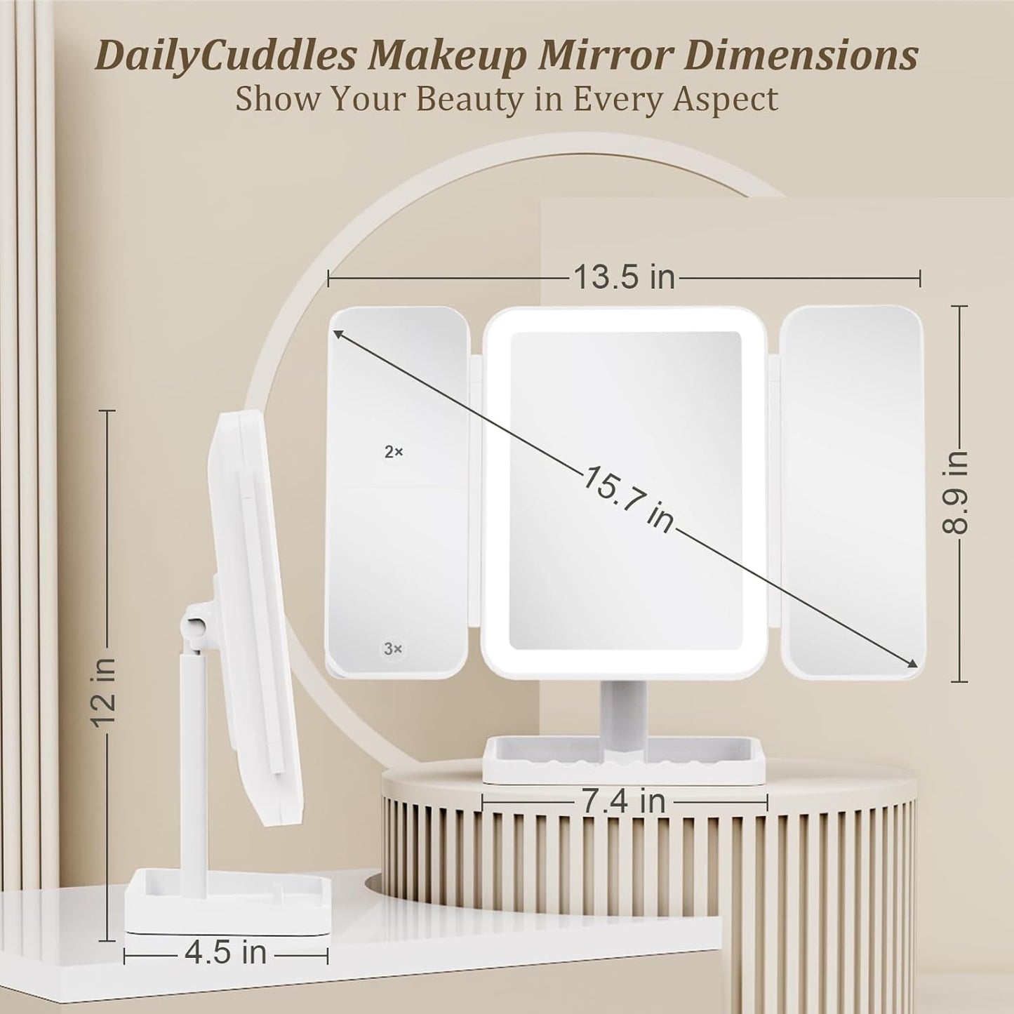 Makeup Mirror Vanity Mirror with Lights, 3 Color Lighting Modes, 1X/2X/3X Magnification, Tri-Fold, 360° Rotation, Phone Holder for Makeup, 2000Mah Rechargeable, Bedroom, Bathroom, (White)