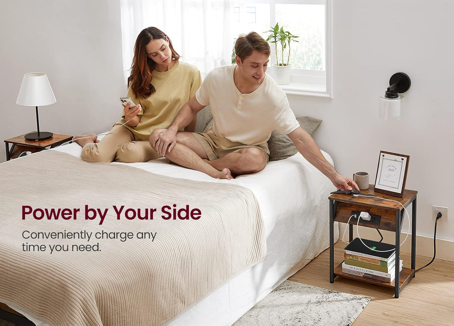 End Table with Charging Station, Set of 2, Small Side Tables for Living Room, Bedroom, Nightstand with Outlets and USB Ports, Bedside Table with Storage Shelf, Rustic Brown and Black