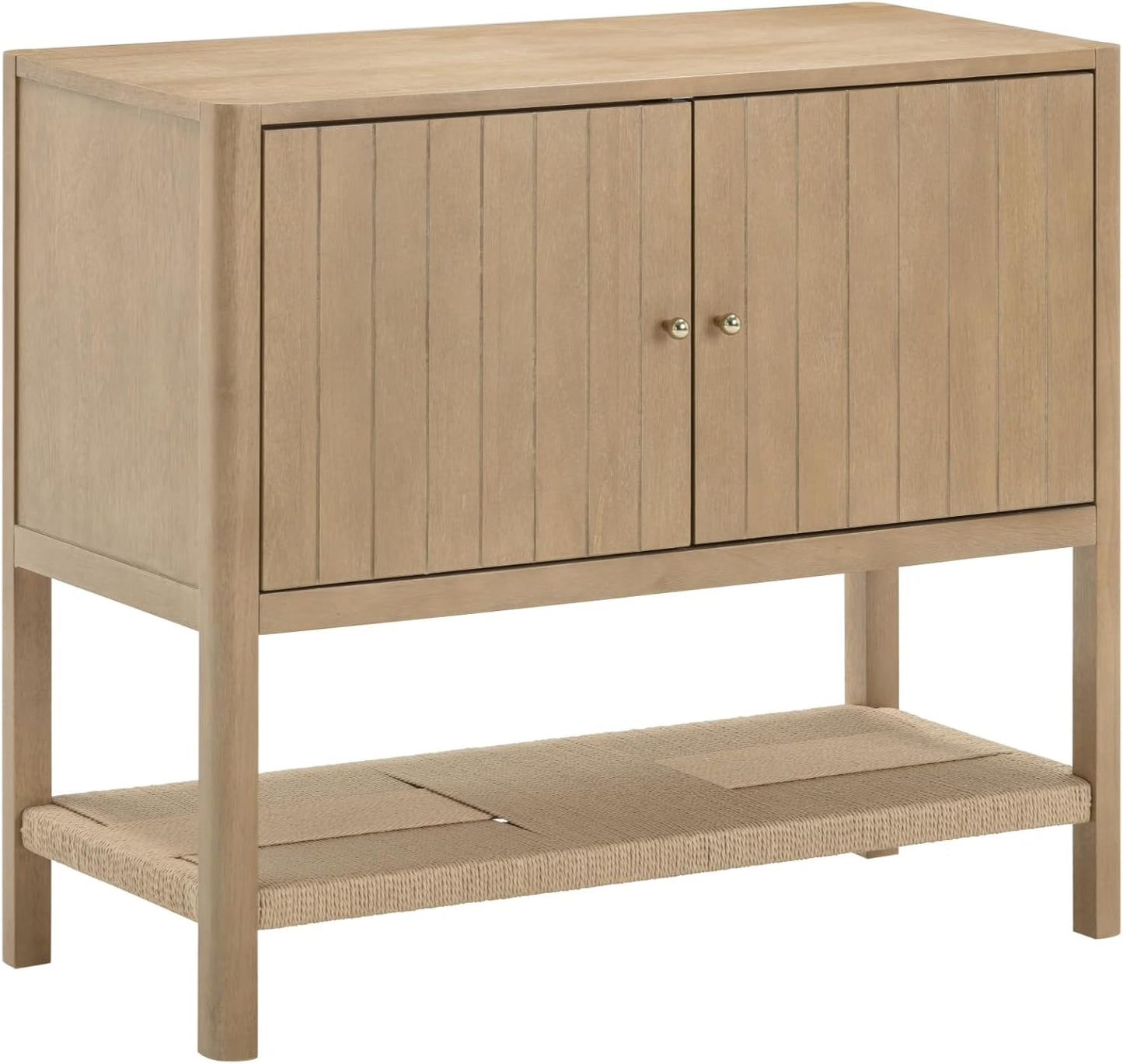 Meads Mid Century Modern Cabinet with Doors, Solid Wood Kitchen Cabinet with Adjustable Interior Shelf and Seagrass Bottom Storage, Light Brown