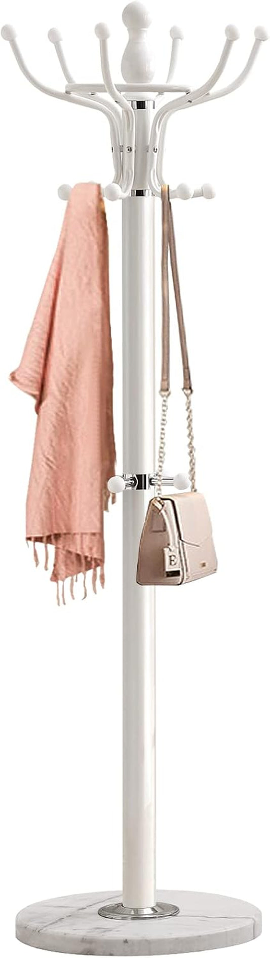 Freestanding Coat Rack with 16 Hooks & Marble Base - Heavy Duty Metal Hall Tree Stand for Entryway, Hats, Coats, Bags Rack- Modern Hanger Organizer for Home, Office, Dorm (16 Hooks -White)