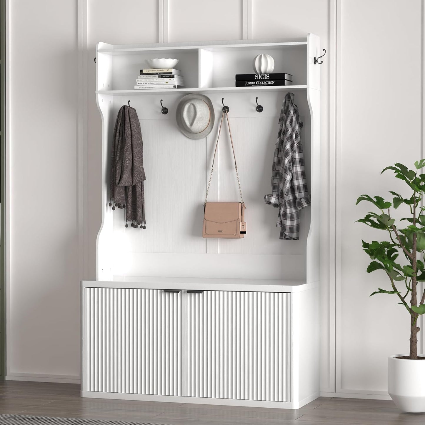 Hall Tree with Bench and Shoe Storage,42.5" W Morden Fluted Entryway Coat Rack with Shoe Bench Cabinet, Entryway Furniture, White Multi-Purpose Home Organizer,6 Coat Hooks
