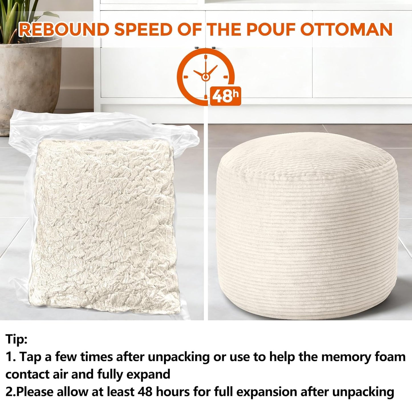 Pouf Ottoman Foot Rest, Comfortable & Soft, round Footstool for Living Room, Bedroom, Office, Room Decoration, Corduroy Foot Stool Pouf with Odorless & Anti-Clump Filling, Small Beige