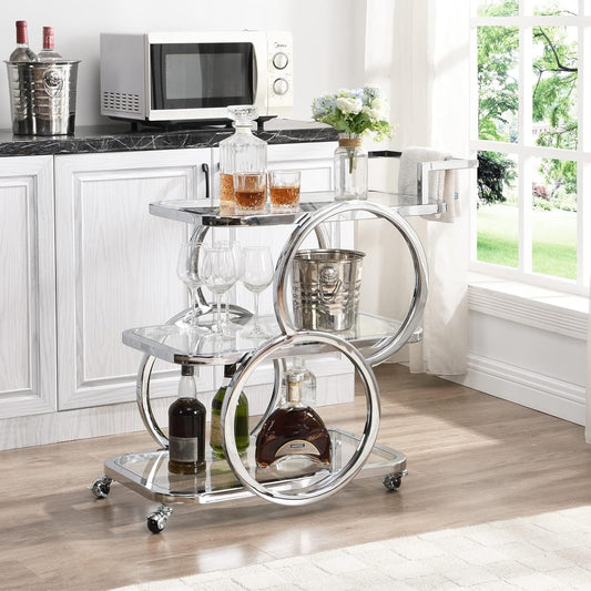 Home Bar Serving Carts 3 Tier Kitchen Carts on Wheels Mobile Bar Carts for Home Kitchen Dining Room Living Room Party, Chrome