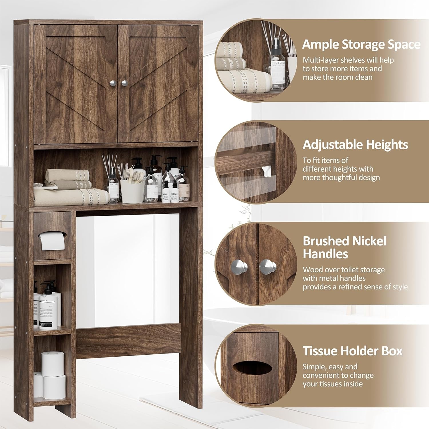 Bathroom over Toiletstorage Cabinet with Toilet Paper Holder Stand, Freestanding Bathroom Storage Organizer Cabinet Space Saver W/Adjustable Shelf, Walnut