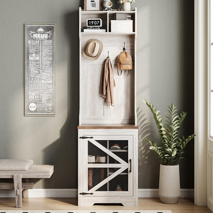Farmhouse Hall Tree with Shoe Storage, 23" Entryway Narrow Coat Rack with 4 Cubbies, 3 Hooks & Mesh Barn Door, Coat Tree and Shoe Rack Entryway for Hallway, Living Room, Mudroom, Rustic White