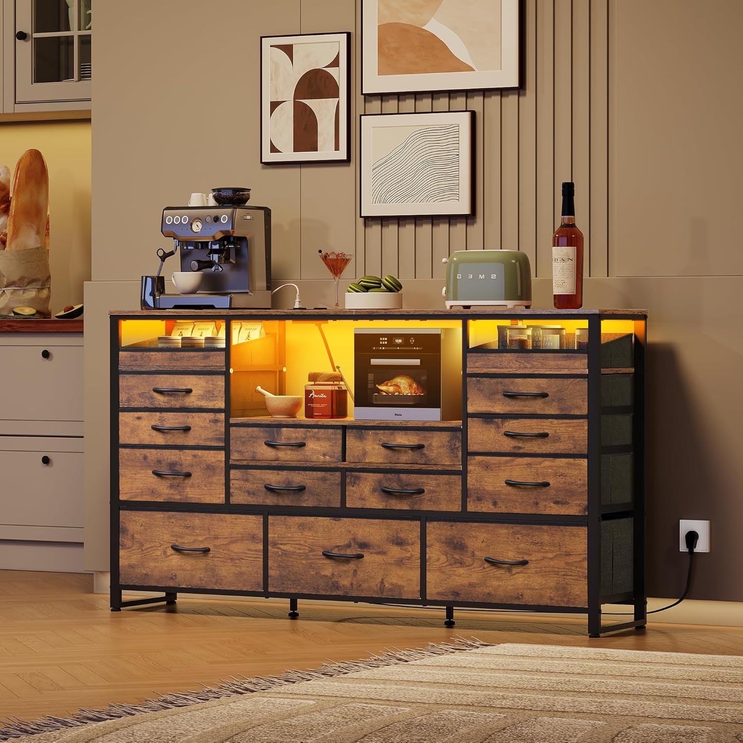 TV Stand for 55, 60, 65 Inch TV, Entertainment Center with LED Lights & Charging Station, TV Media Console Table with 15 Fabric Drawers and Open Shelves for Living Room, Hallway, Rustic Brown