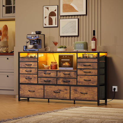 TV Stand for 55, 60, 65 Inch TV, Entertainment Center with LED Lights & Charging Station, TV Media Console Table with 15 Fabric Drawers and Open Shelves for Living Room, Hallway, Rustic Brown