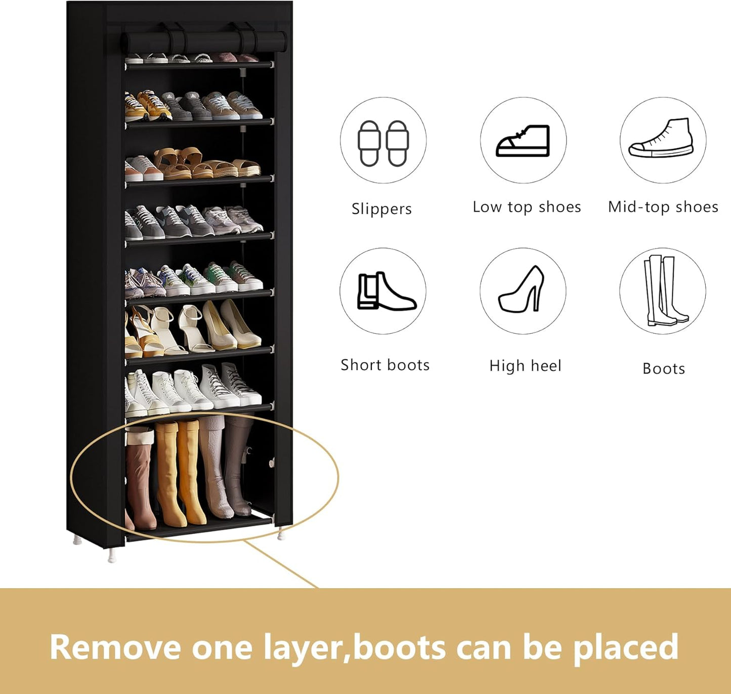 9 Tier Shoe Rack Organizer,Portable Shoe Shelf with Nonwoven Fabric Cover for Closet Hallway,Bedroom,Entryway, Ash Grey