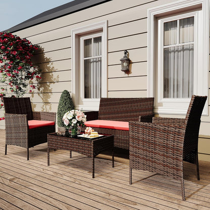 Modern 4-Person Outdoor Bistro Set with Tempered Glass Table – Weather-Resistant PE Rattan & Iron Frame Patio Furniture, Thick Red & Brown Polyester Cushions for Garden, Balcony, Deck